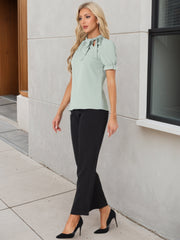 Bow Tie Neck Tops Elegant Office Short Sleeve Blouse