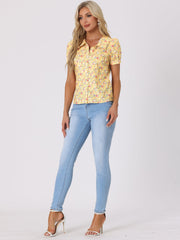 Puff Sleeve Shirt Point Collar Top Button Down Floral Blouse