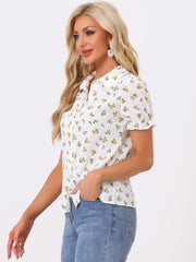 Floral Printed Peter Pan Collar Cotton Short Sleeve Shirt