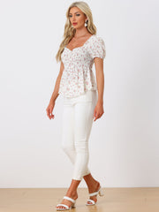Puff Short Sleeve Floral Shirred Ruffle Peplum Blouse
