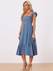 Boho Square Neck Ruffle Tiered Flowy Smocked Midi Dress Sundress
