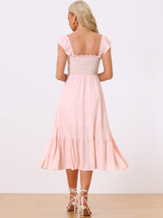 Boho Square Neck Ruffle Tiered Flowy Smocked Midi Dress Sundress