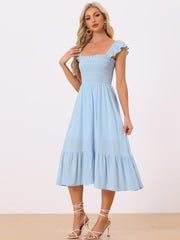 Boho Square Neck Ruffle Tiered Flowy Smocked Midi Dress Sundress