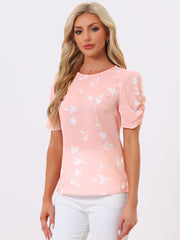 Floral Crew Neck Ruched Sleeve Casual Blouse