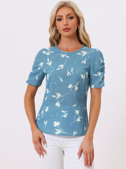 Floral Crew Neck Ruched Sleeve Casual Blouse