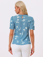 Floral Crew Neck Ruched Sleeve Casual Blouse