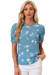 Floral Crew Neck Ruched Sleeve Casual Blouse