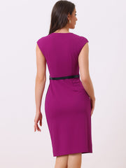 Elegant Business Cap Sleeve Belted Pencil Work Sheath Dress