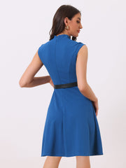 Office V Neck Work Sleeveless A-line Midi Solid Belted Dress