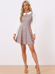 Peter Pan Collar Contrast Color Button Decor Plaid Dress