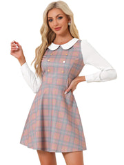Peter Pan Collar Contrast Color Button Decor Plaid Dress