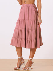 Midi Solid Elastic Waist Flare Tiered Long Pockets A-Line Skirt