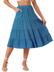 Midi Solid Elastic Waist Flare Tiered Long Pockets A-Line Skirt