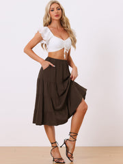 Midi Solid Elastic Waist Flare Tiered Long Pockets A-Line Skirt
