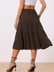 Midi Solid Elastic Waist Flare Tiered Long Pockets A-Line Skirt