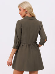 Ruched 3/4 Sleeve Button Up Casual Mini Shirt Dress