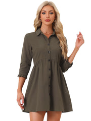 Ruched 3/4 Sleeve Button Up Casual Mini Shirt Dress