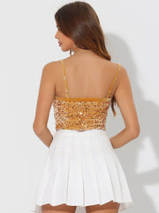 Sequined Velvet Spaghetti Strap Club Party Cropped Cami Top