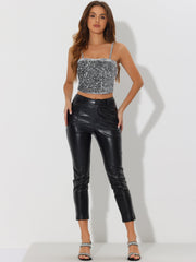 Sequined Velvet Spaghetti Strap Club Party Cropped Cami Top