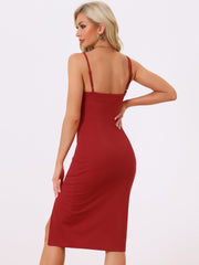 Spaghetti Strap Split Hem Cocktail Solid Sheath Dress