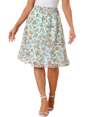 Floral Smocked Elastic Waist Knee Length Ruffle Tiered Skirt