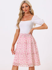 Floral Smocked Elastic Waist Knee Length Ruffle Tiered Skirt