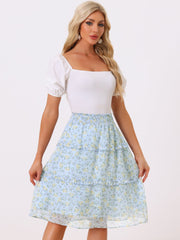 Floral Smocked Elastic Waist Knee Length Ruffle Tiered Skirt