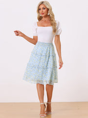 Floral Smocked Elastic Waist Knee Length Ruffle Tiered Skirt