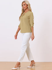 Office Keyhole Pleated Front Ruched 3/4 Sleeve Chiffon Blouse
