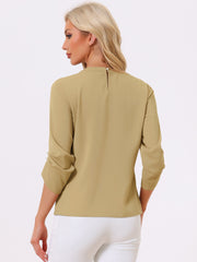 Office Keyhole Pleated Front Ruched 3/4 Sleeve Chiffon Blouse