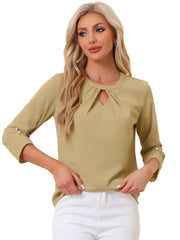 Office Keyhole Pleated Front Ruched 3/4 Sleeve Chiffon Blouse