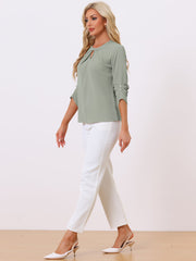 Office Keyhole Pleated Front Ruched 3/4 Sleeve Chiffon Blouse