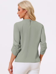 Office Keyhole Pleated Front Ruched 3/4 Sleeve Chiffon Blouse