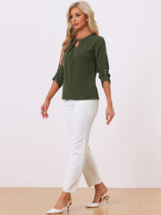 Office Keyhole Pleated Front Ruched 3/4 Sleeve Chiffon Blouse