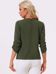 Office Keyhole Pleated Front Ruched 3/4 Sleeve Chiffon Blouse