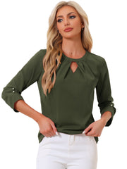 Office Keyhole Pleated Front Ruched 3/4 Sleeve Chiffon Blouse
