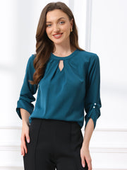 Office Keyhole Pleated 3/4 Sleeve Chiffon Blouse