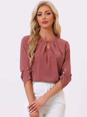 Office Keyhole Pleated 3/4 Sleeve Chiffon Blouse