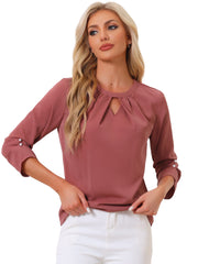 Office Keyhole Pleated 3/4 Sleeve Chiffon Blouse