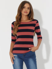 Striped 3/4 Sleeve Casual Basic Boat Neck T-shirt