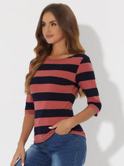 Striped 3/4 Sleeve Casual Basic Boat Neck T-shirt