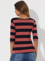 Striped 3/4 Sleeve Casual Basic Boat Neck T-shirt