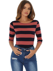 Striped 3/4 Sleeve Casual Basic Boat Neck T-shirt