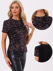 Glitter Sequin Velvet Crew Neck Short Sleeve Party Clubwear Blouse