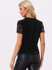 Glitter Sequin Velvet Crew Neck Short Sleeve Party Clubwear Blouse