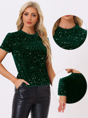 Glitter Sequin Velvet Crew Neck Short Sleeve Party Clubwear Blouse