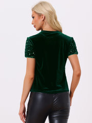 Glitter Sequin Velvet Crew Neck Short Sleeve Party Clubwear Blouse