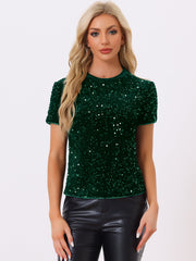 Glitter Sequin Velvet Crew Neck Short Sleeve Party Clubwear Blouse
