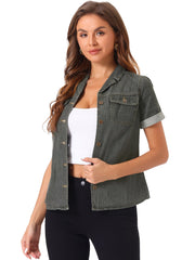 Button Up Collared Short Sleeve Pocket Classic Denim Shirt