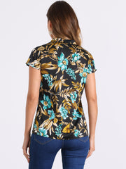 Satin Work Floral Vintage Stand Collar Cap Sleeve Blouse